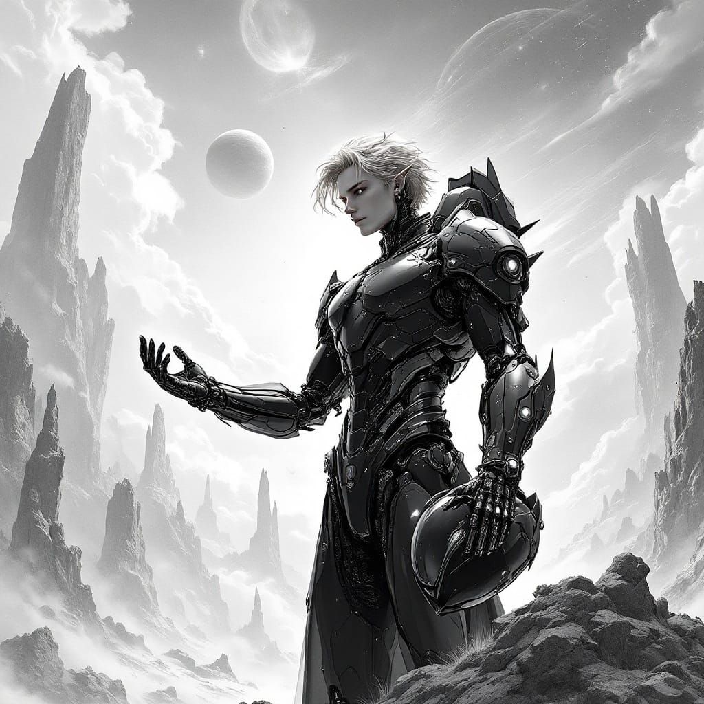 Ethereal Cyborg Hero Rises on Alien Landscape
