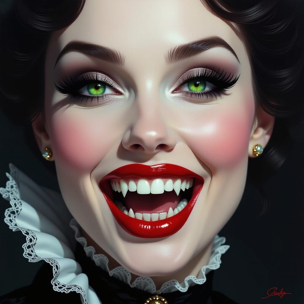 Pale Woman with Vampire Fangs and Emerald Eyes
