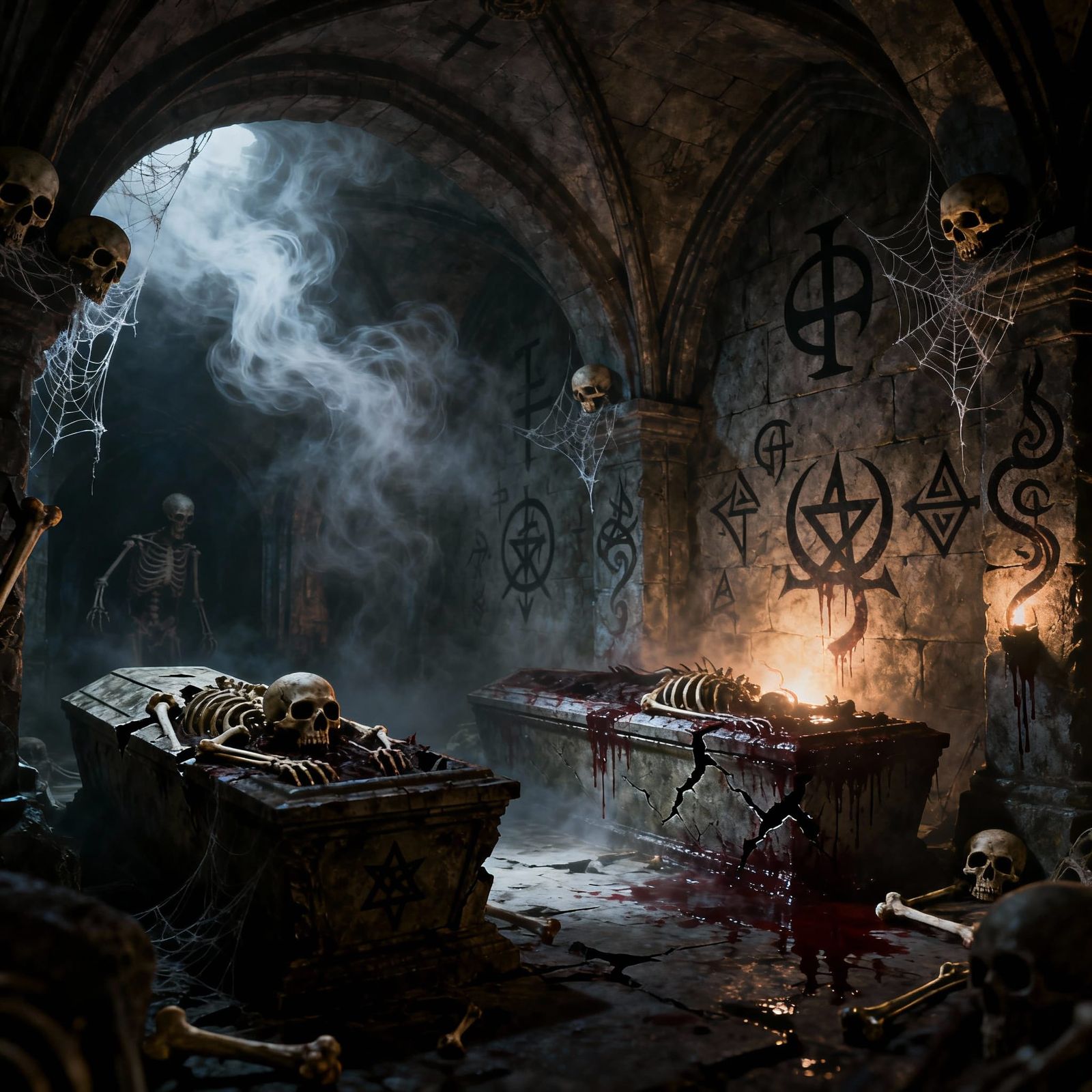 Macabre Crypt Scene with Satanic Symbols in Ethereal Mist