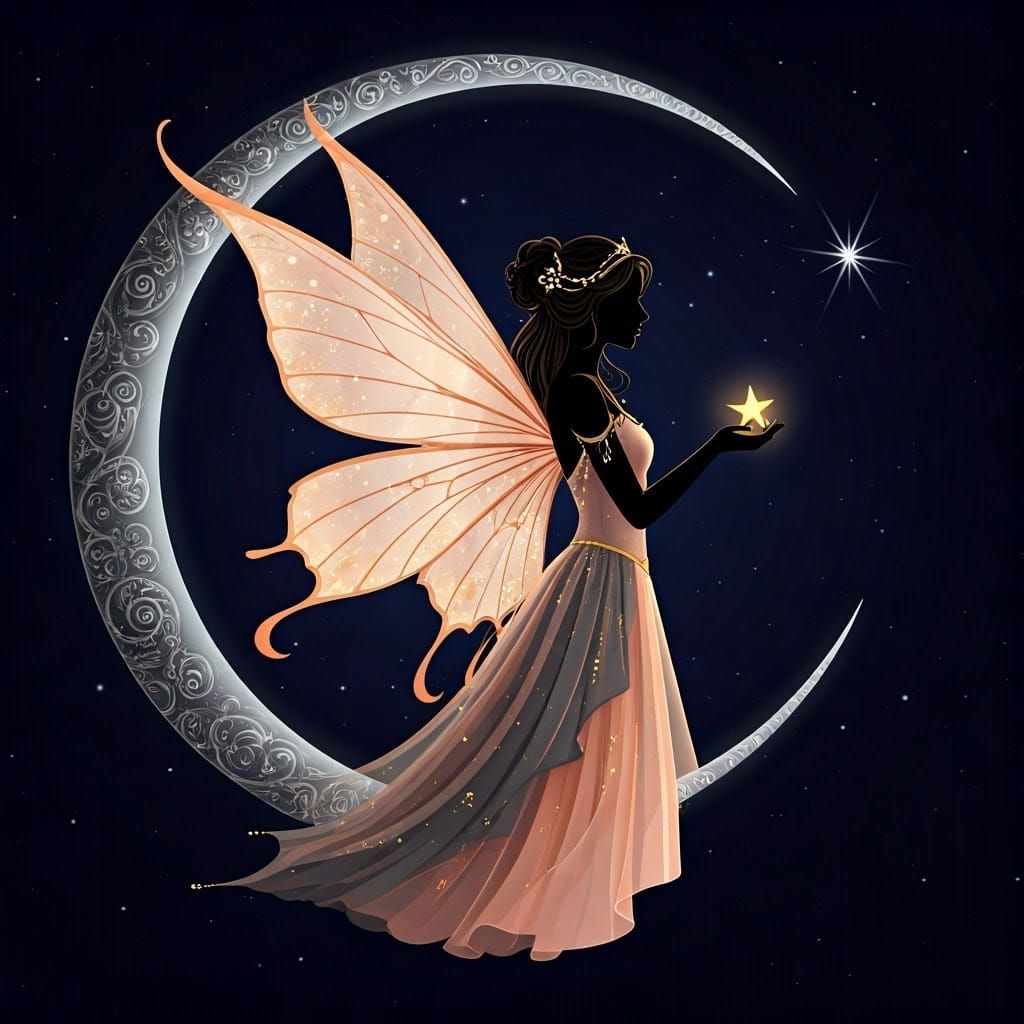 Elegant Fairy Silhouette Against Starry Night Sky
