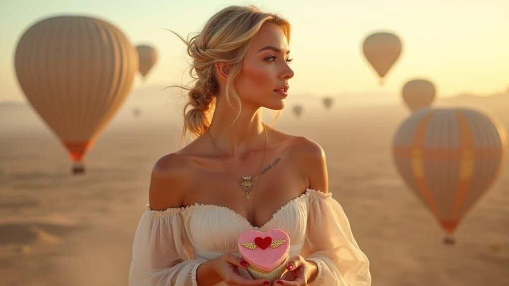 Woman in Chiffon Gown Among Hot Air Balloons at Dawn