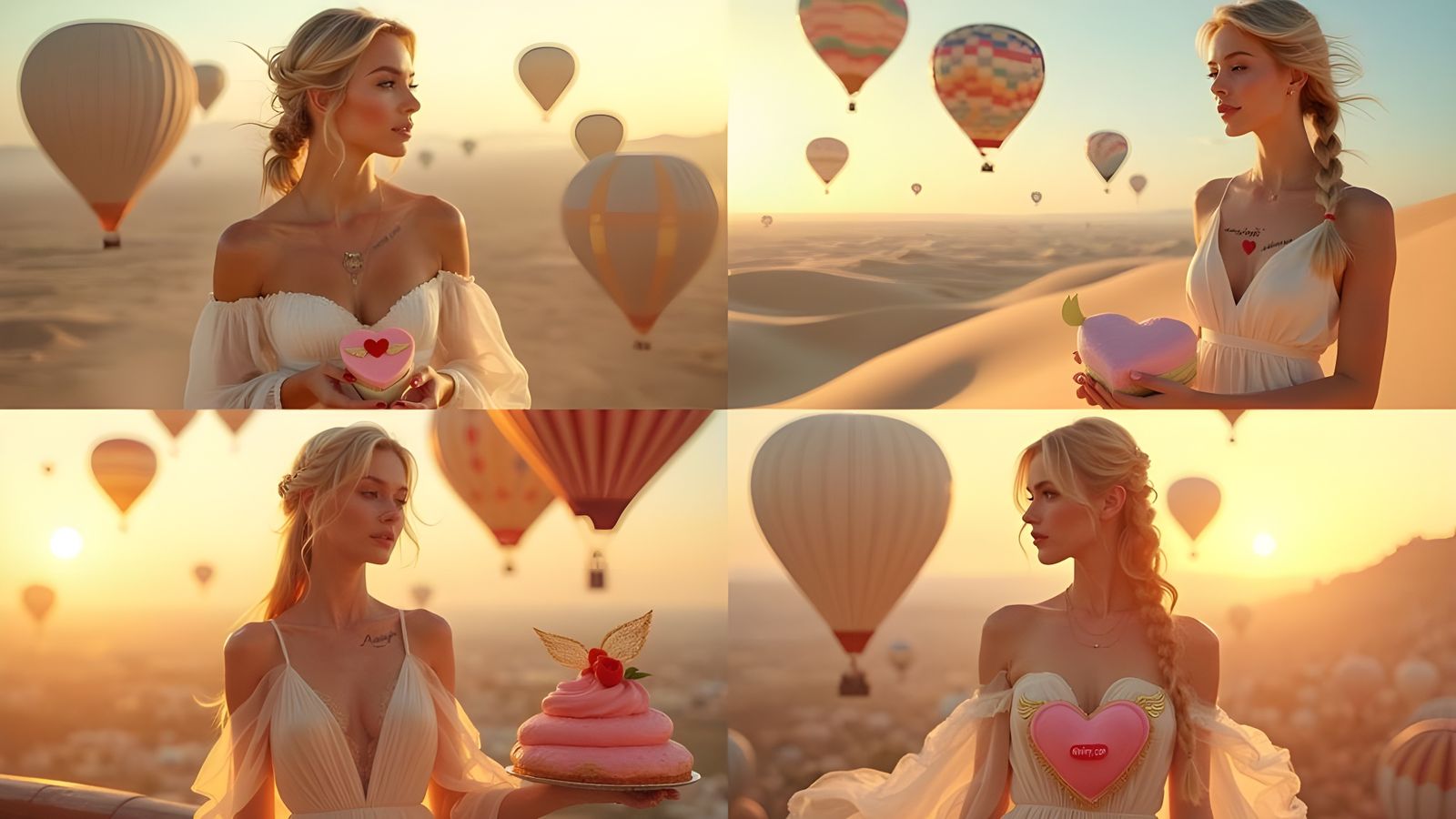 Woman in Chiffon Gown Among Hot Air Balloons at Dawn
