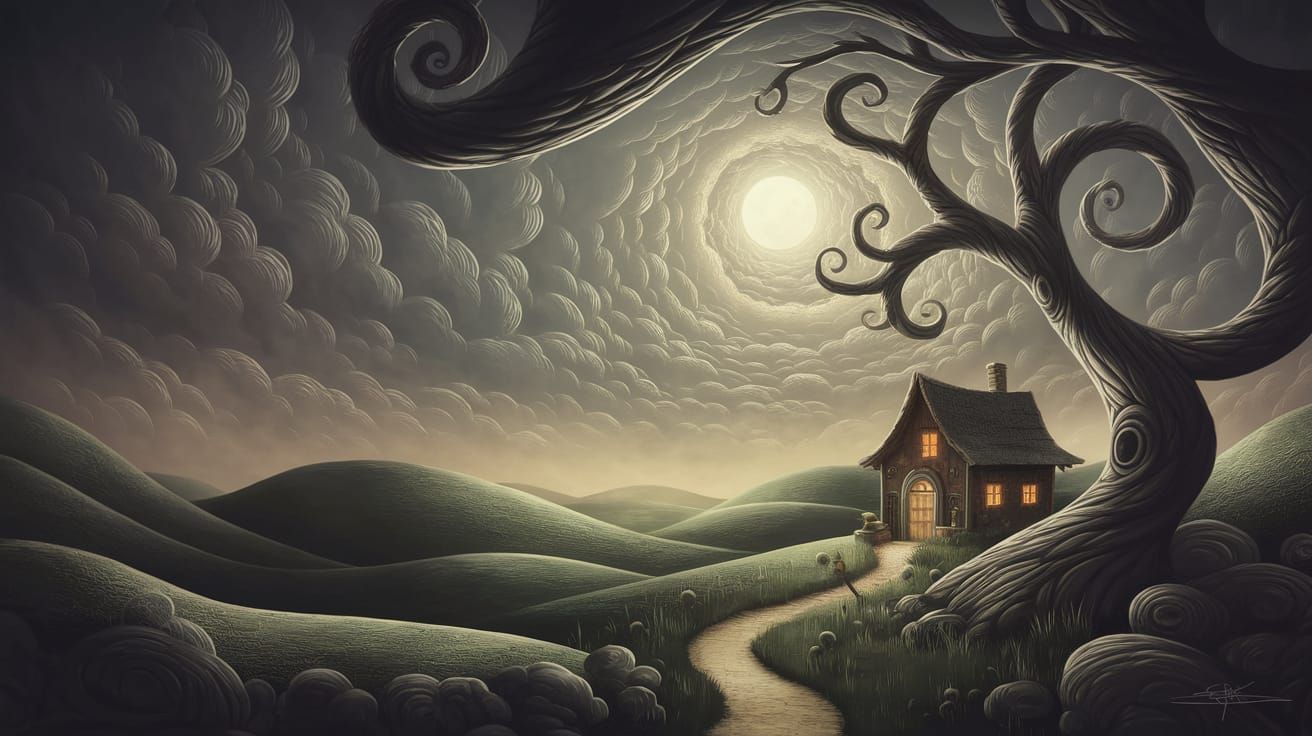 Whimsical Dreamscapes with Twisted Trees and Glowing Moonlig...