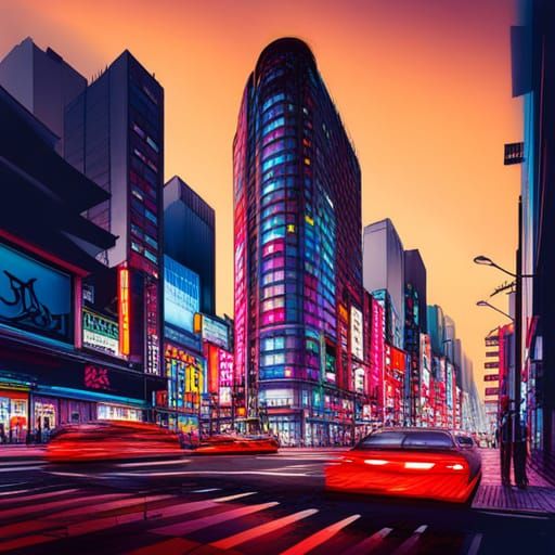 Vibrant Tokyo Nightscape in Graffiti Art Style