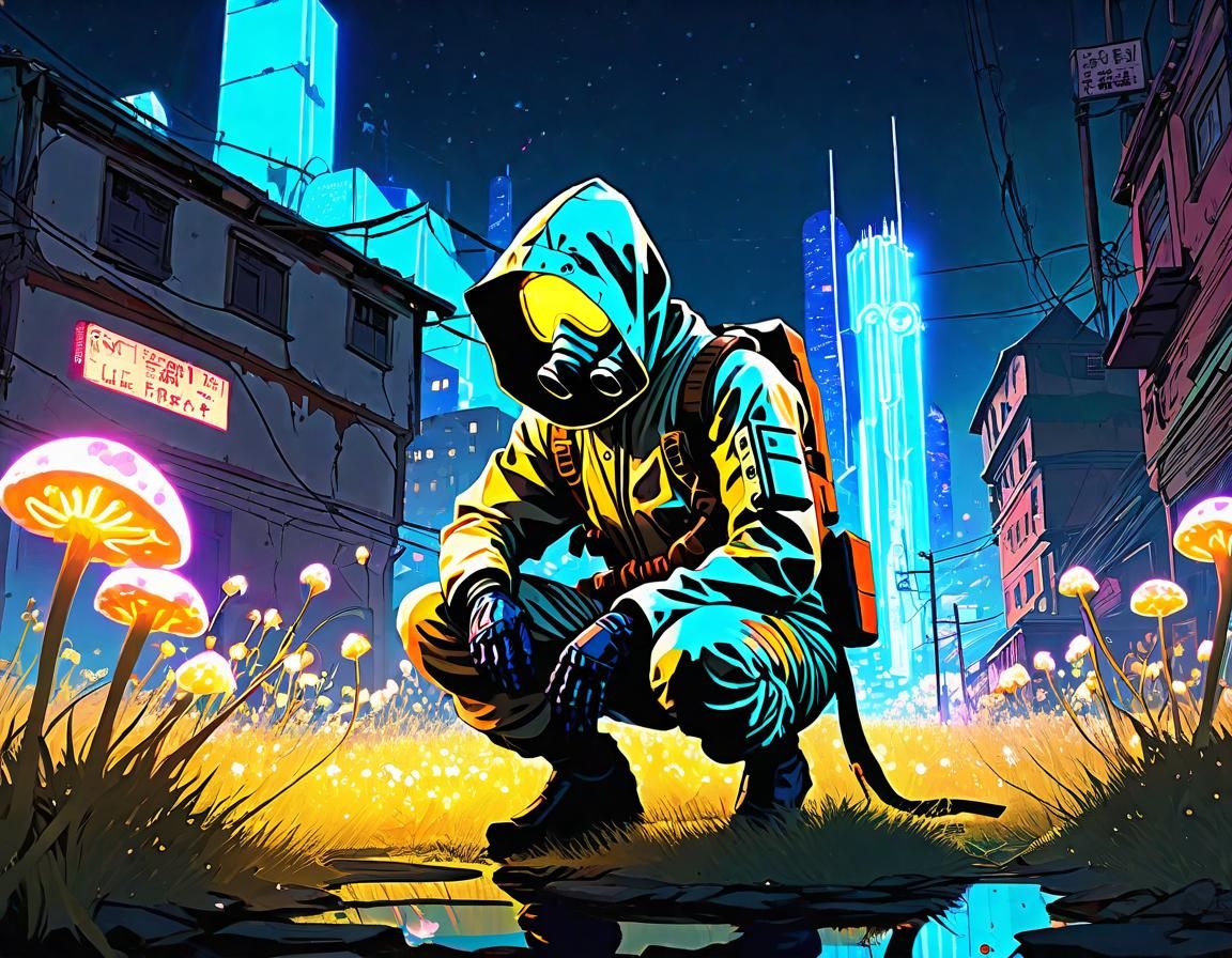 Hazmat Suit in Dystopian City with Glowing Fungus