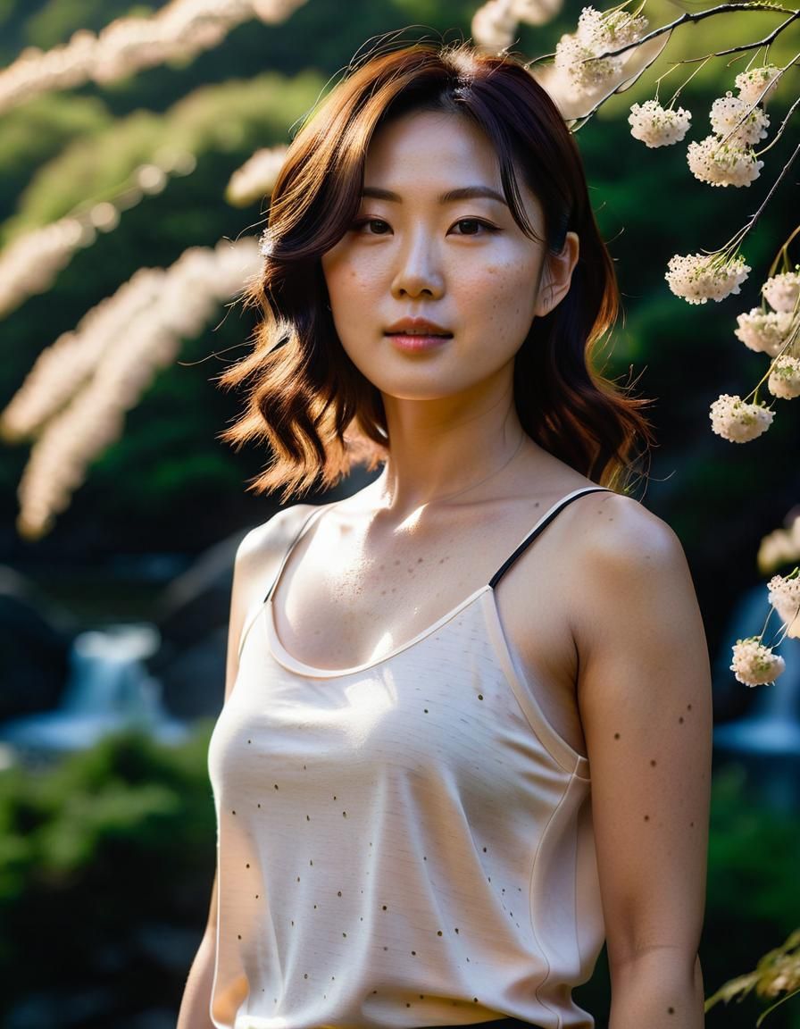 Chiaroscuro Portrait of Woman with Waterfall at Sunset