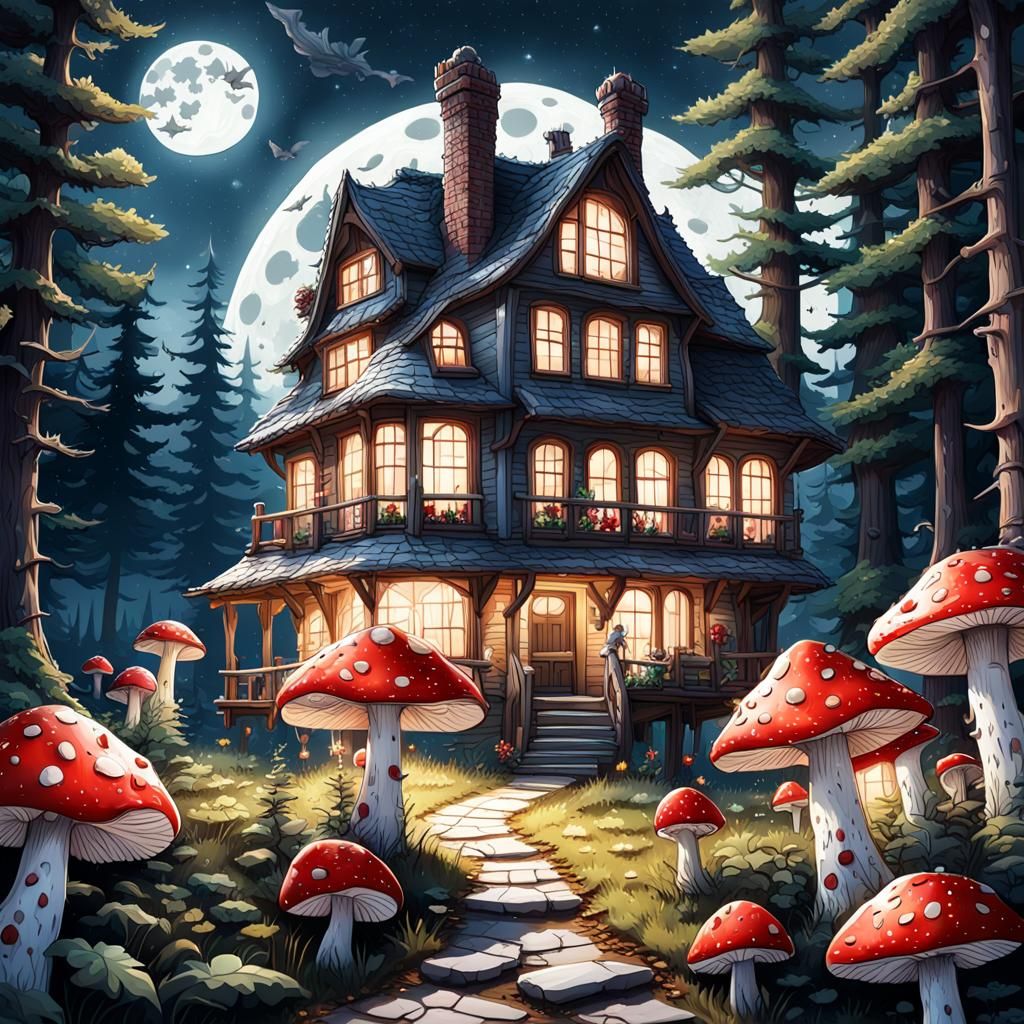 Mushroom House at Night in Starry Forest