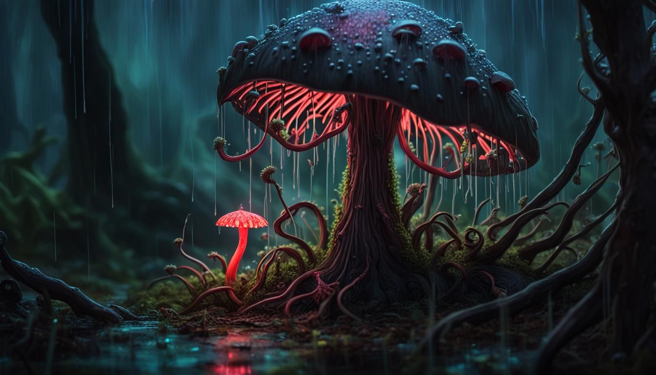 Fairy Shelters Under Glowing Neon Horror Mushroom