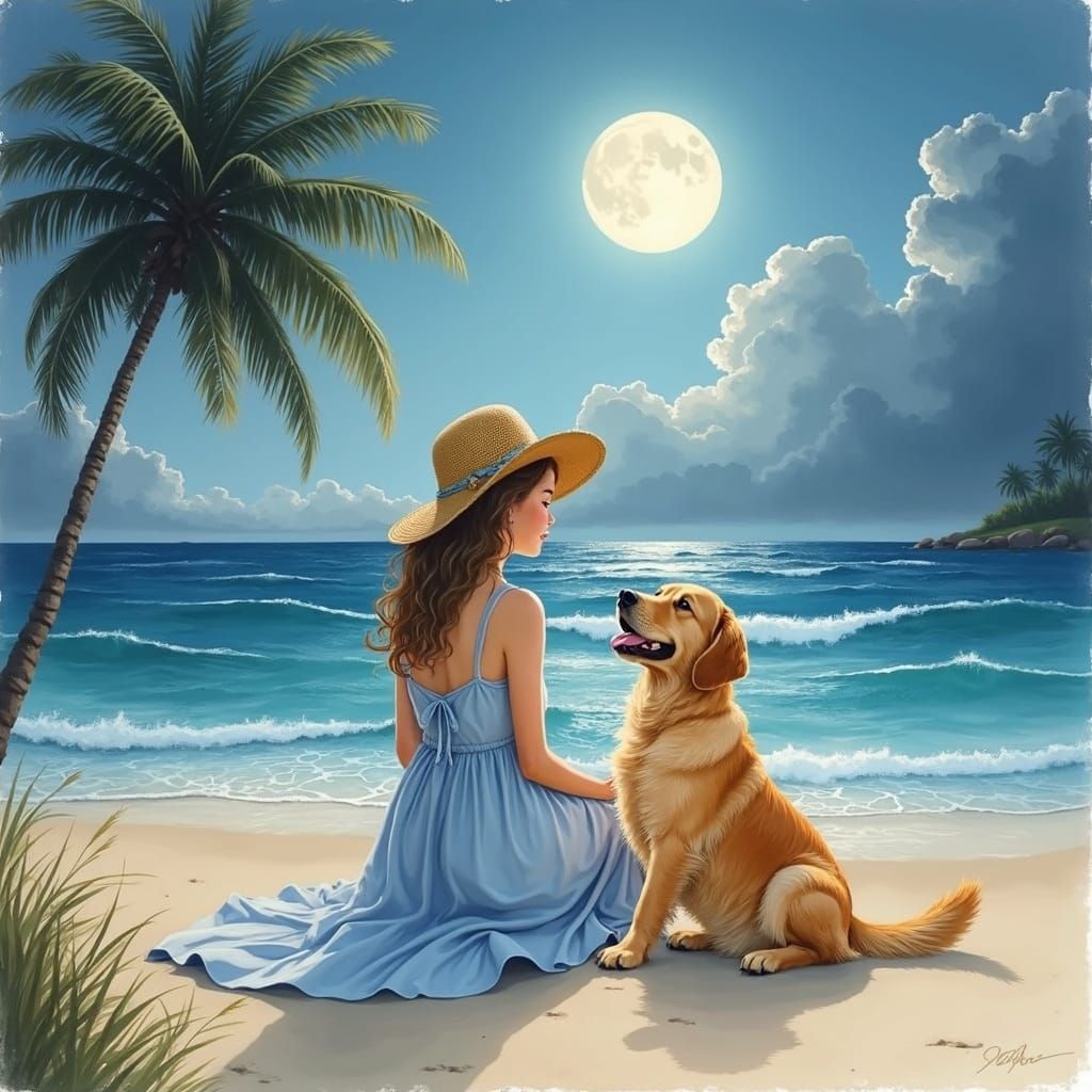 Woman and Dog on Beach in Watercolor Style