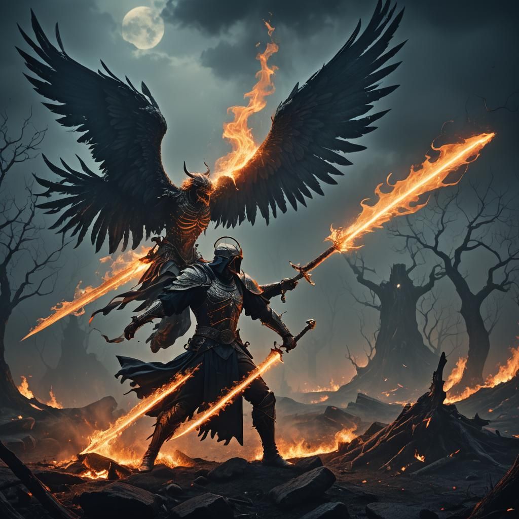 Angel Gabriel Battles Demon with Fire Sword