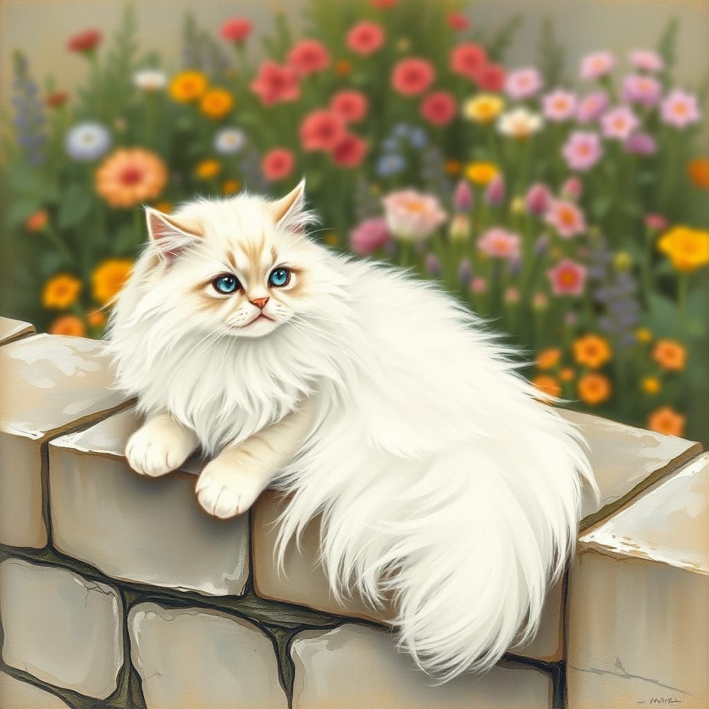 Fluffy Persian Cat on Stone Wall in Whimsical Style