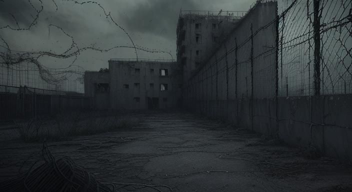 Sinister Abandoned Prison with Barbed Wire
