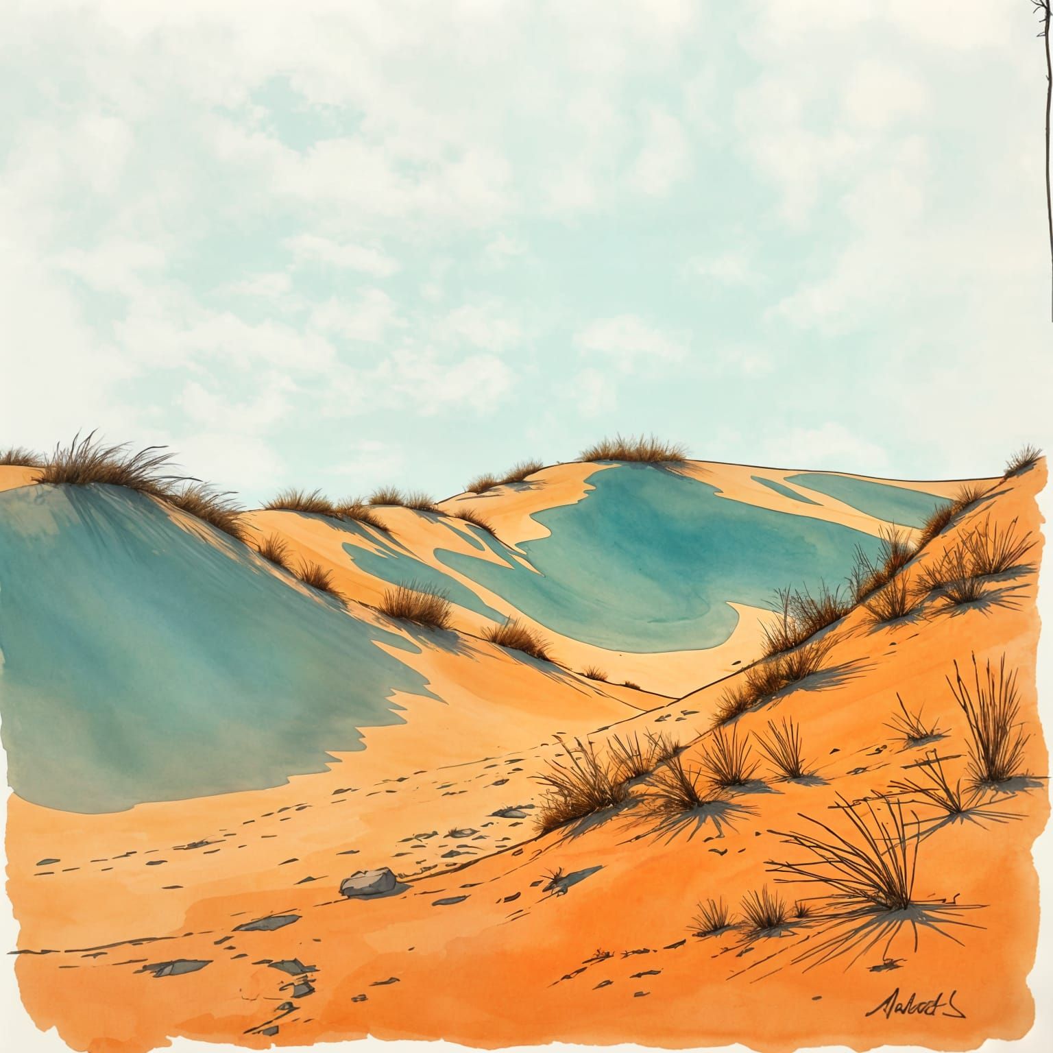 Windy Beach Sand Dunes in Watercolor Style