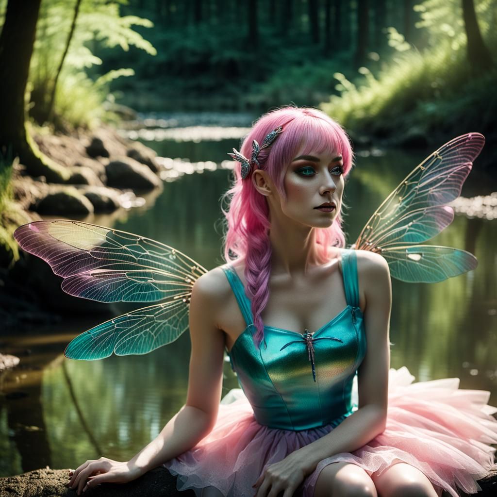 Young Faerie with Dragonfly Wings by Forest Pond