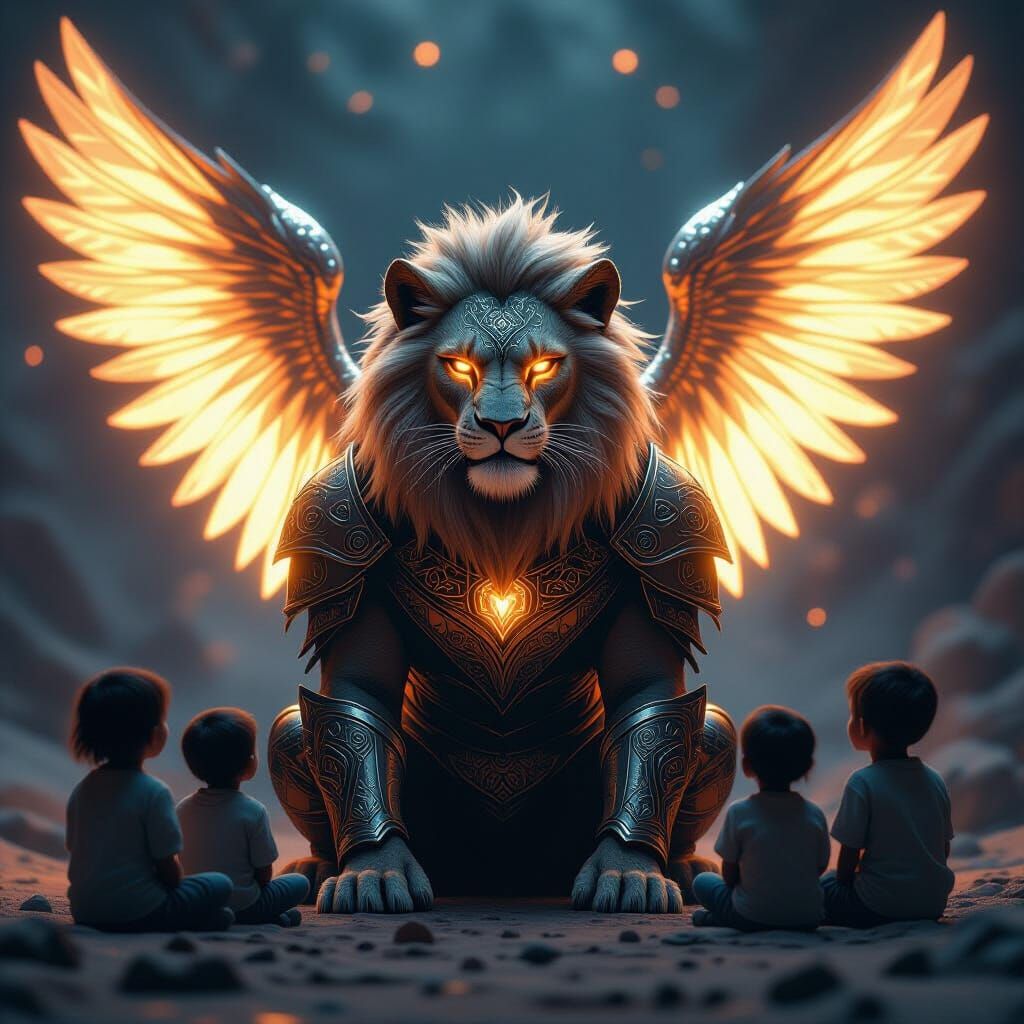 Armored Space Lion Guardian with Ethereal Wings