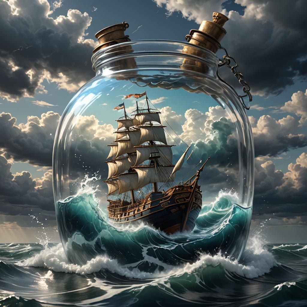 Hyperrealistic Ship in a Bottle Amidst Stormy Seas