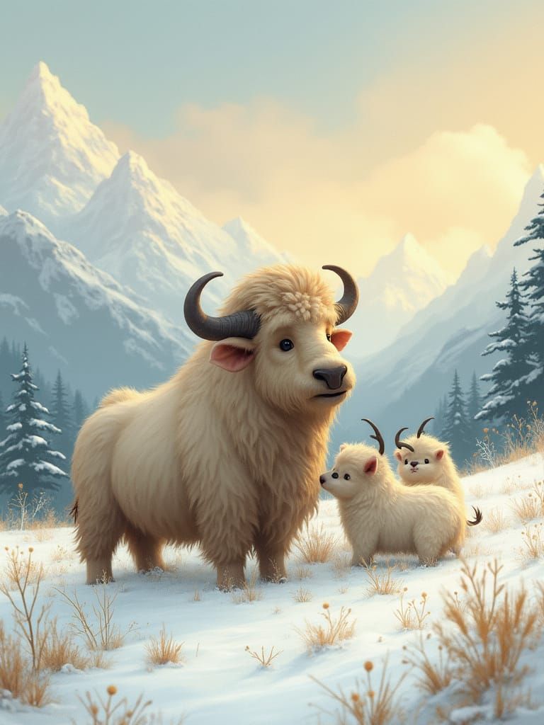 Whimsical Yetis and Wildebeest in a Snowy Mountain Meadow