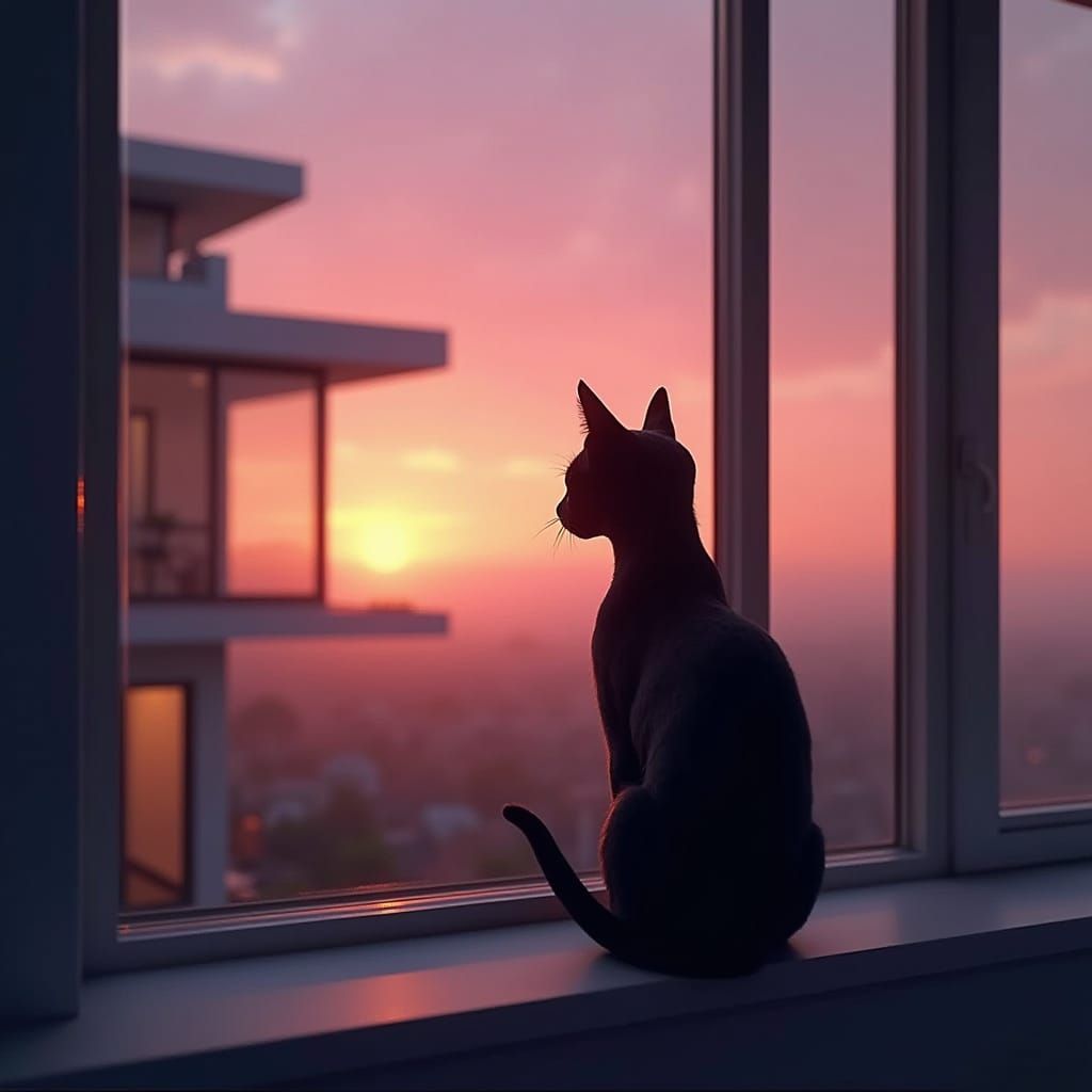 Modern House Silhouette at Dawn with Black Cat