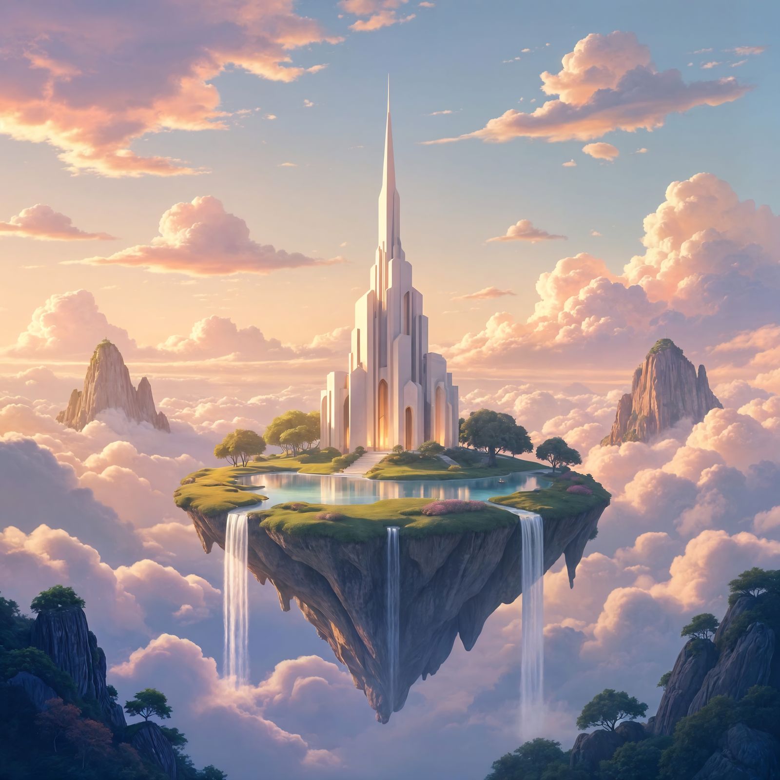 Floating Island Paradise in Pastel Sky with Spire