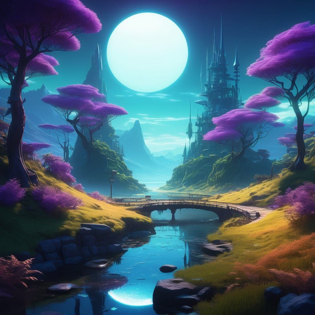 Enchanted Nighttime Planet of Whimsy in 3D Fantasy Style