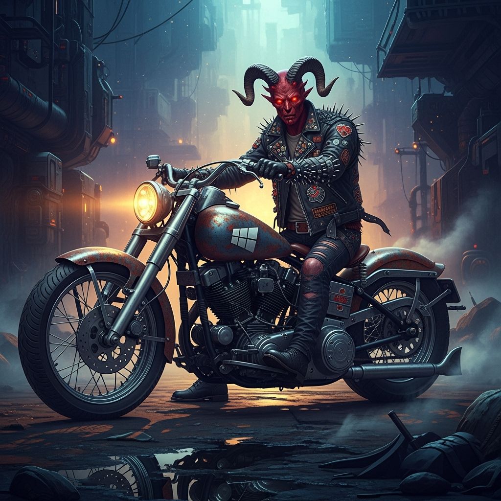 Beelzebub on Harley Davidson with Windows Logo