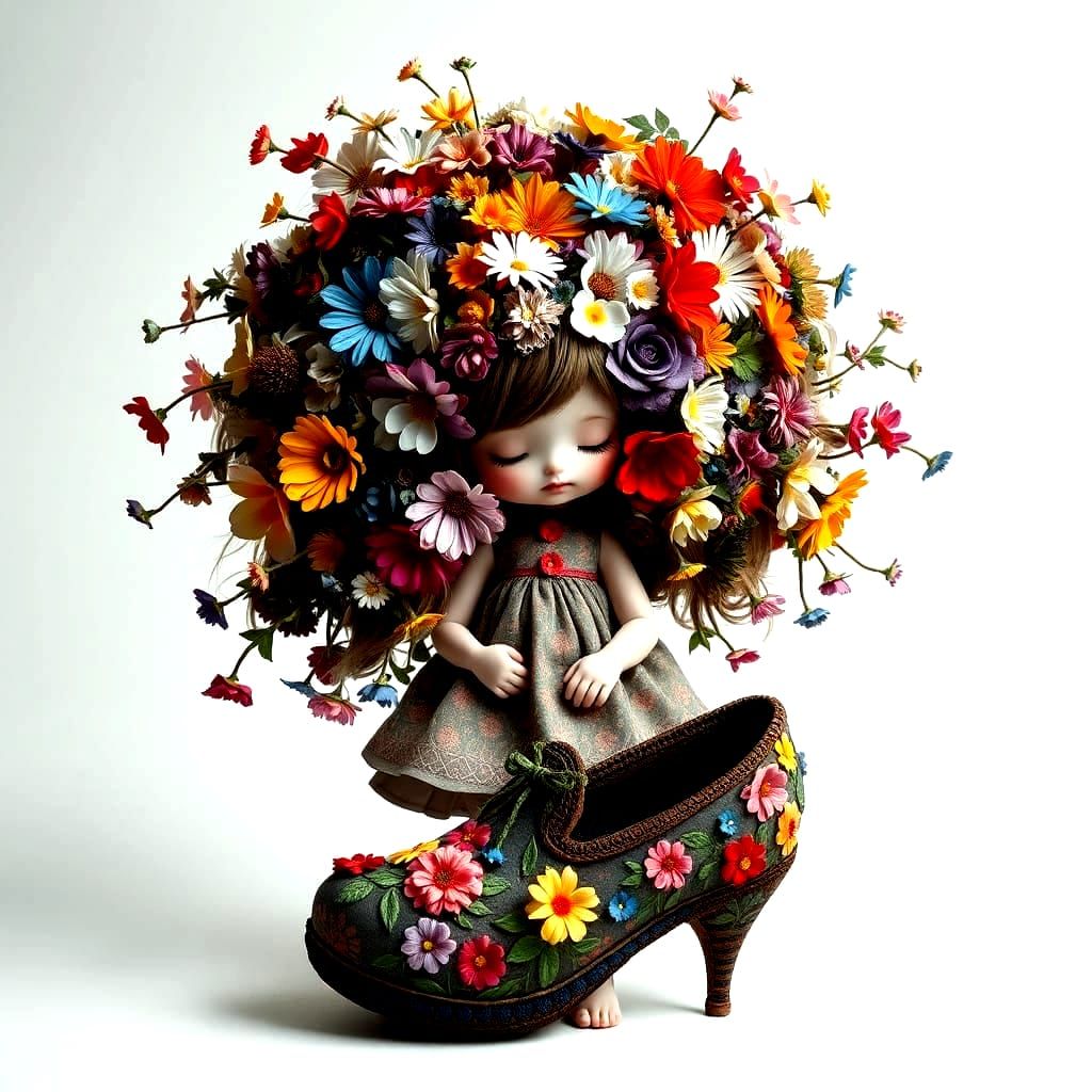 Girl With Flower-Filled Hair Touches Floral Slipper