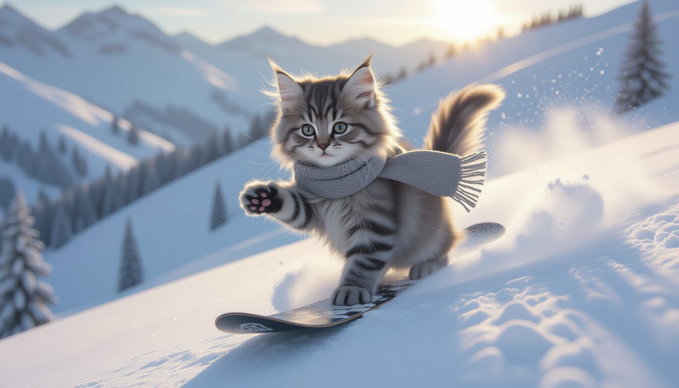 Gray Kitten Snowboarding with Playful Expression in Pencil S...
