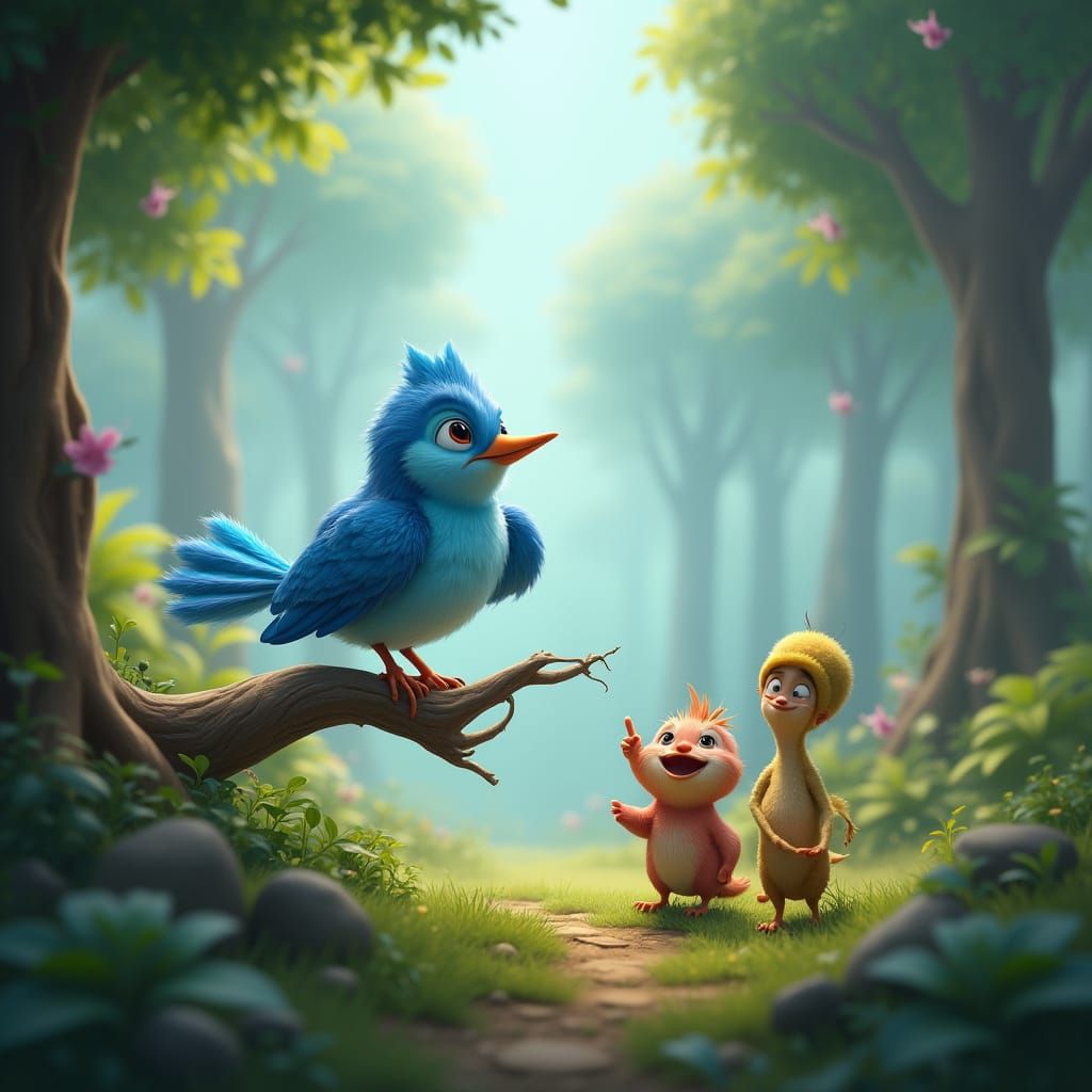 Benny the Bluebird Gives Directions in a Whimsical Forest
