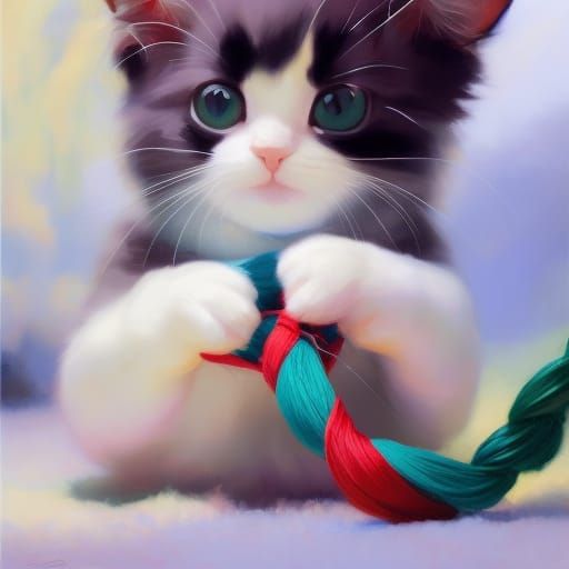 Kitten in Japanese Streetwear: Studio Ghibli-Style Oil Paint...