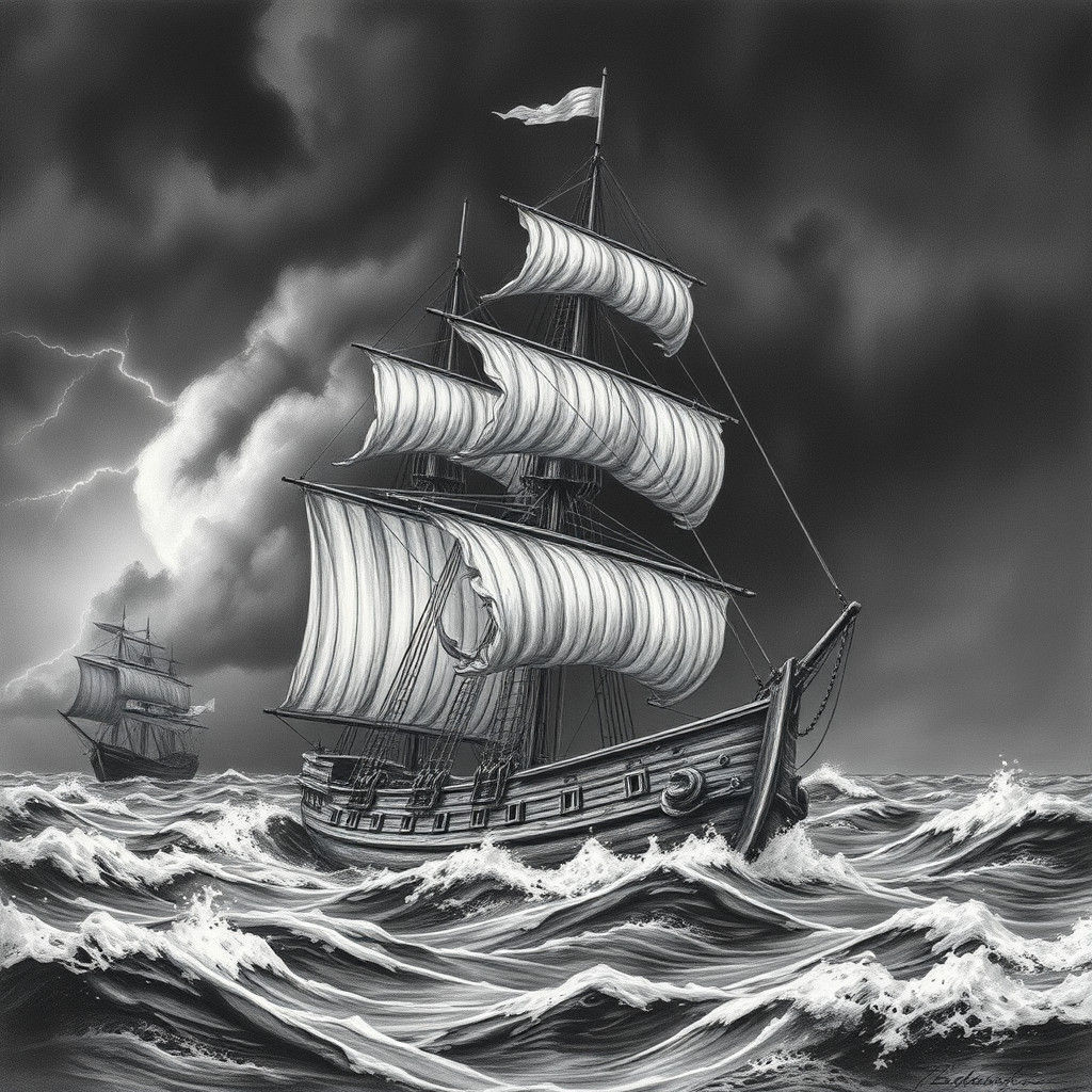 Old Sailing Ship in Ominous Storm, Charcoal Drawing