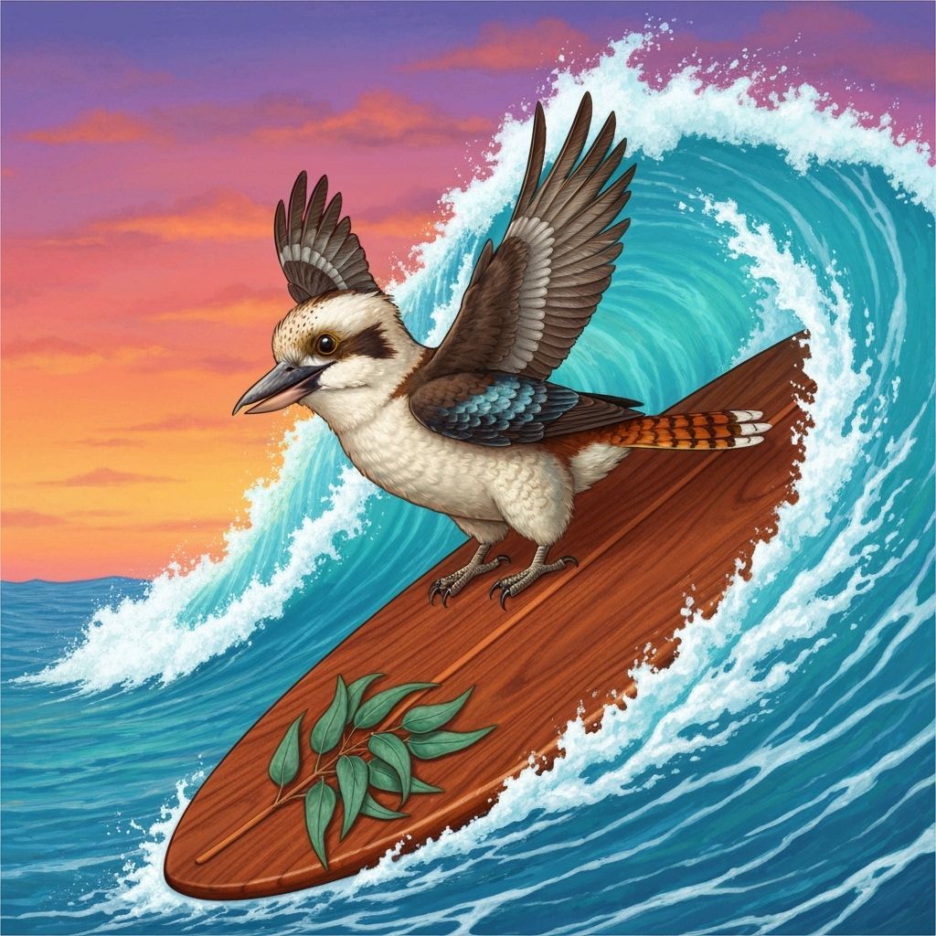 Kookaburra Surfing a Wave at Sunset, Detailed Illustration