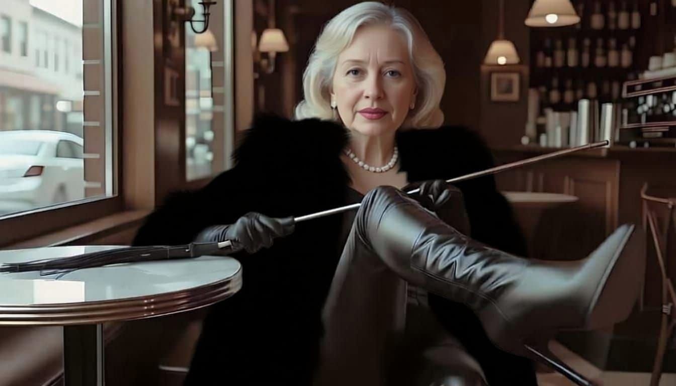 Elegant Elderly Woman in Leather and Fur at Cafe