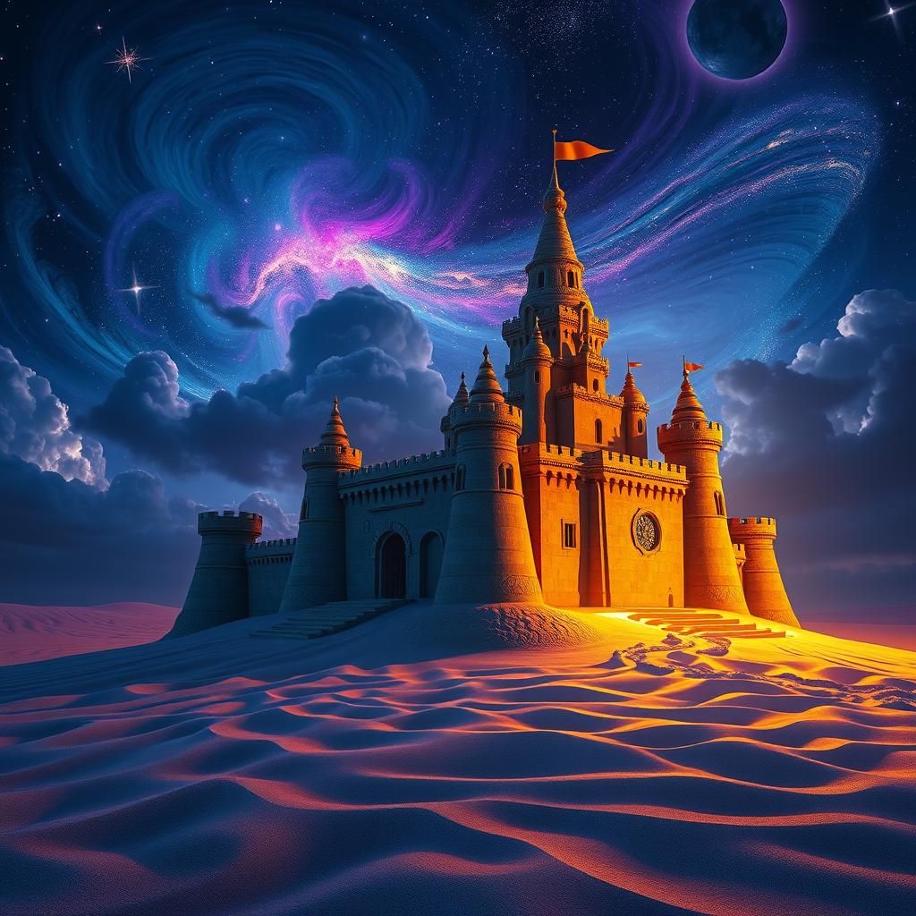 Luminous Sandcastle Under Starry Night Sky