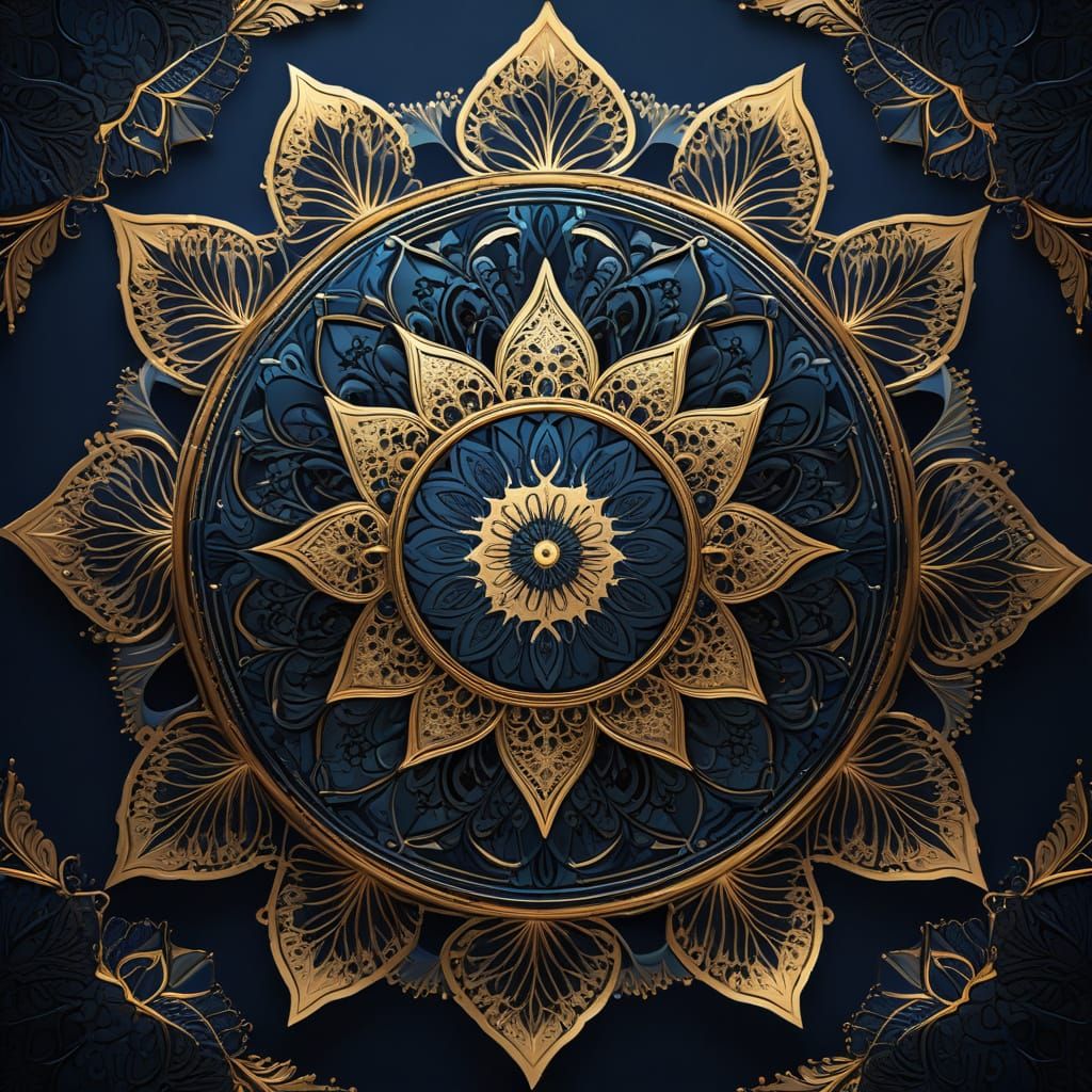 Gold Filigree Mandala on Navy Blue Background