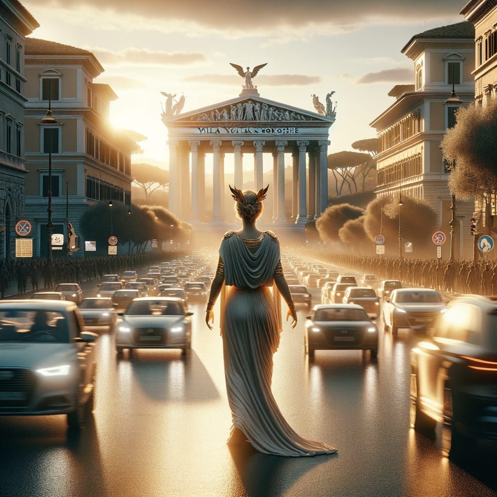 Goddess Athena Walks through Modern Rome, near Villa Borghes...