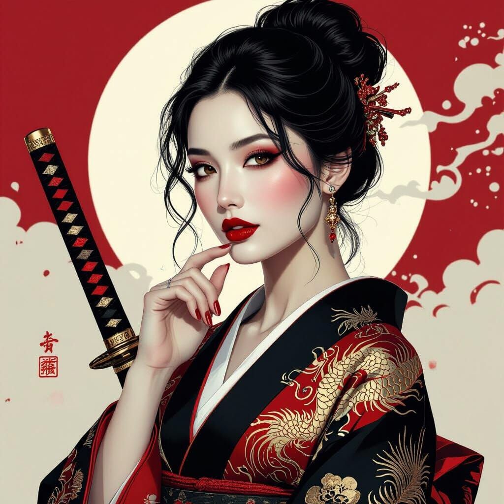Beautiful Woman in Kimono with Katana