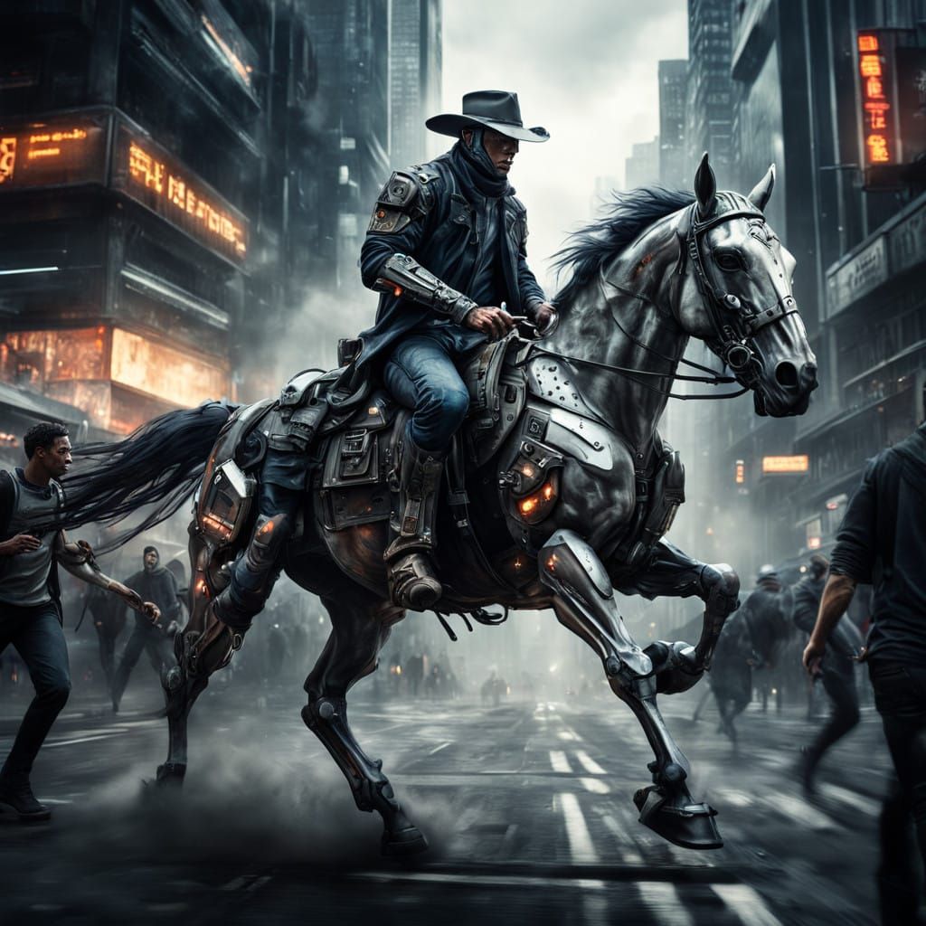 Cyberpunk Cowboy Rides Through Dystopian City on Cyborg Hors...