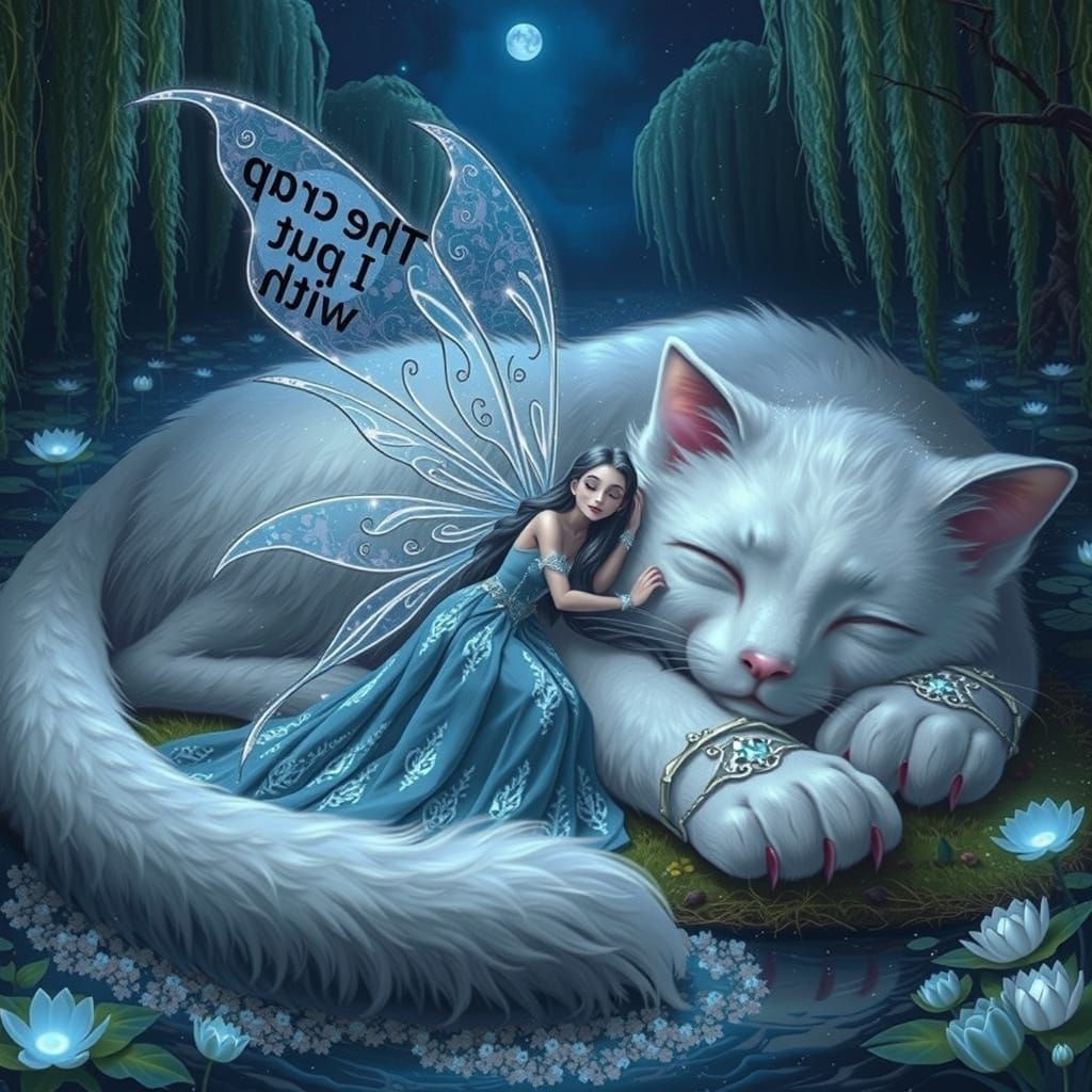 Serene Ivory Cat Enveloped by Mystical Fairy in a Dreamy Fai...