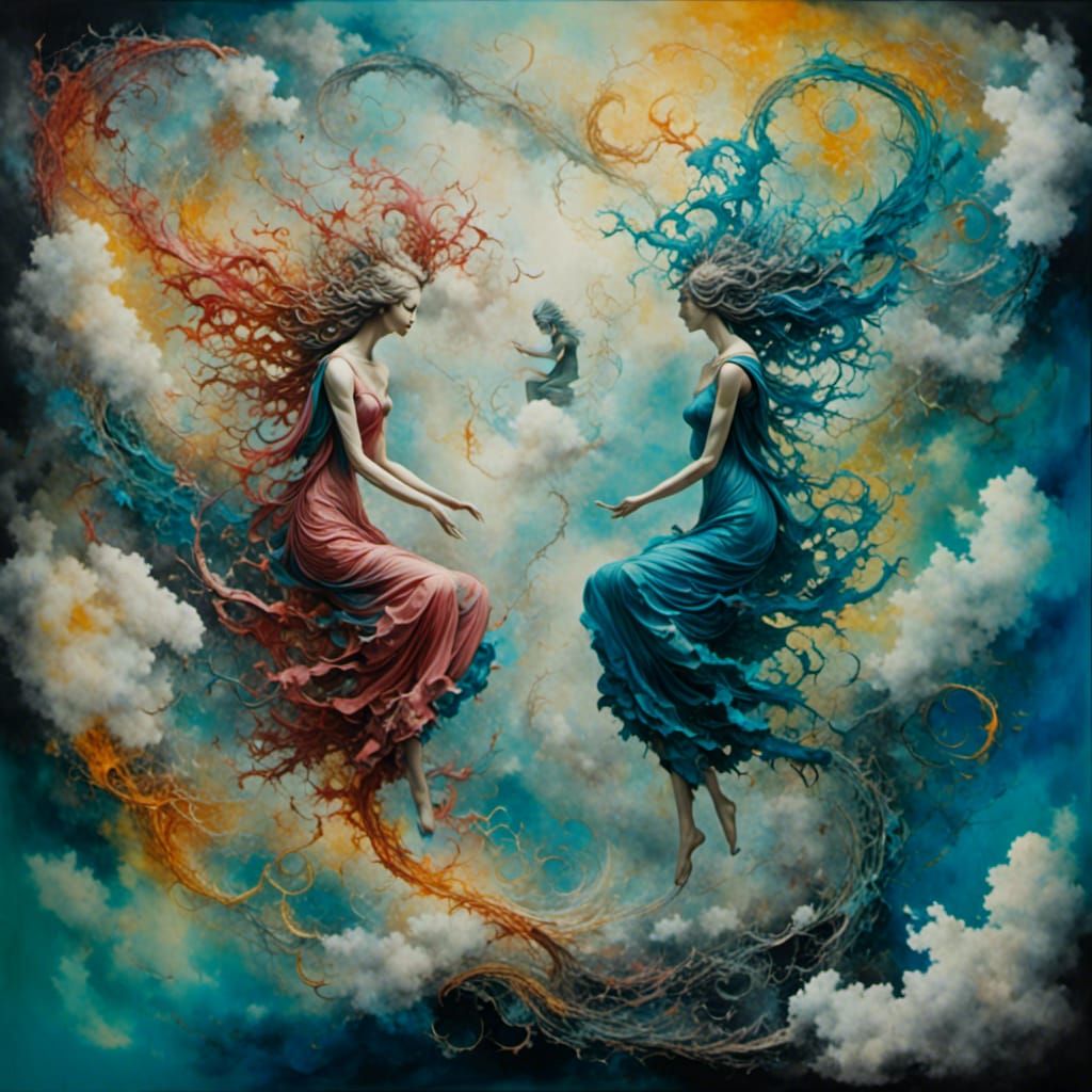 Surreal Figures Defying Gravity in Dreamlike Scene