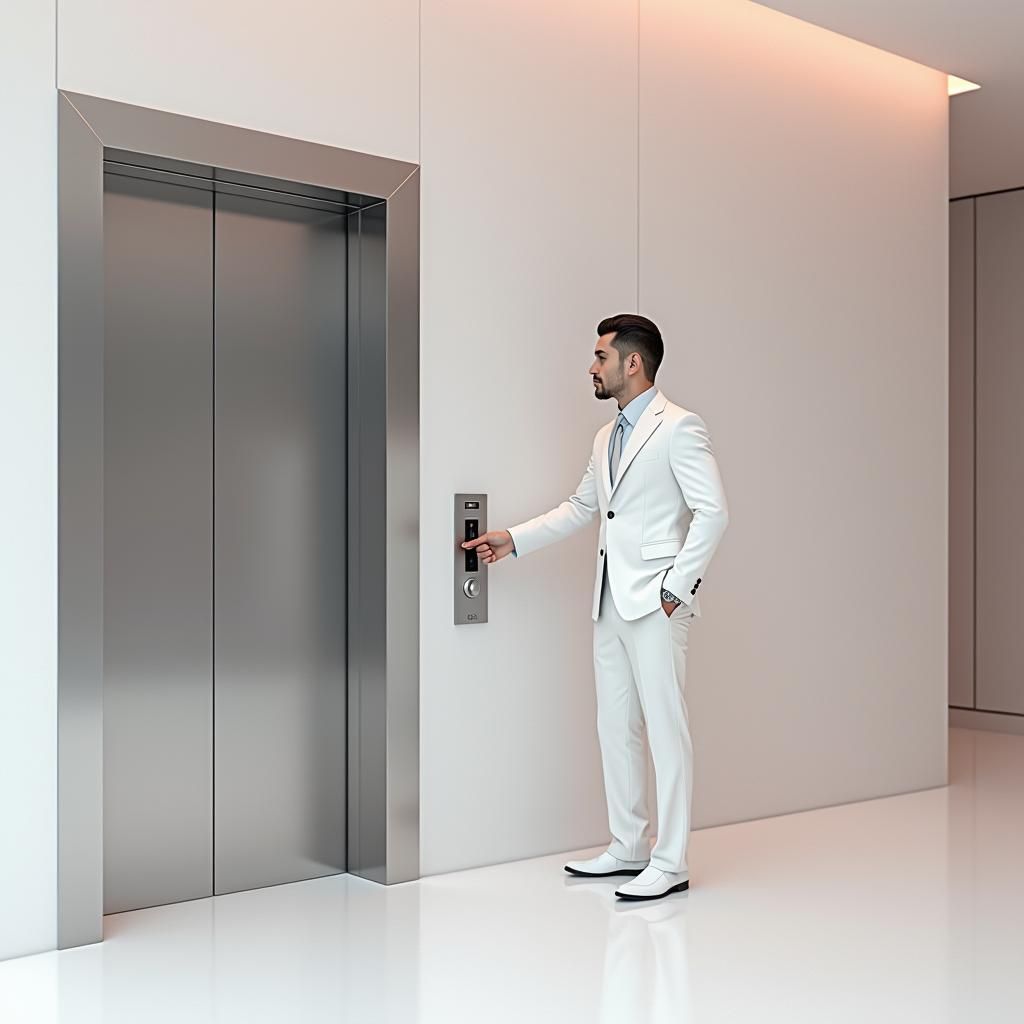 Elegant Man in White Suit in Minimalist Lobby