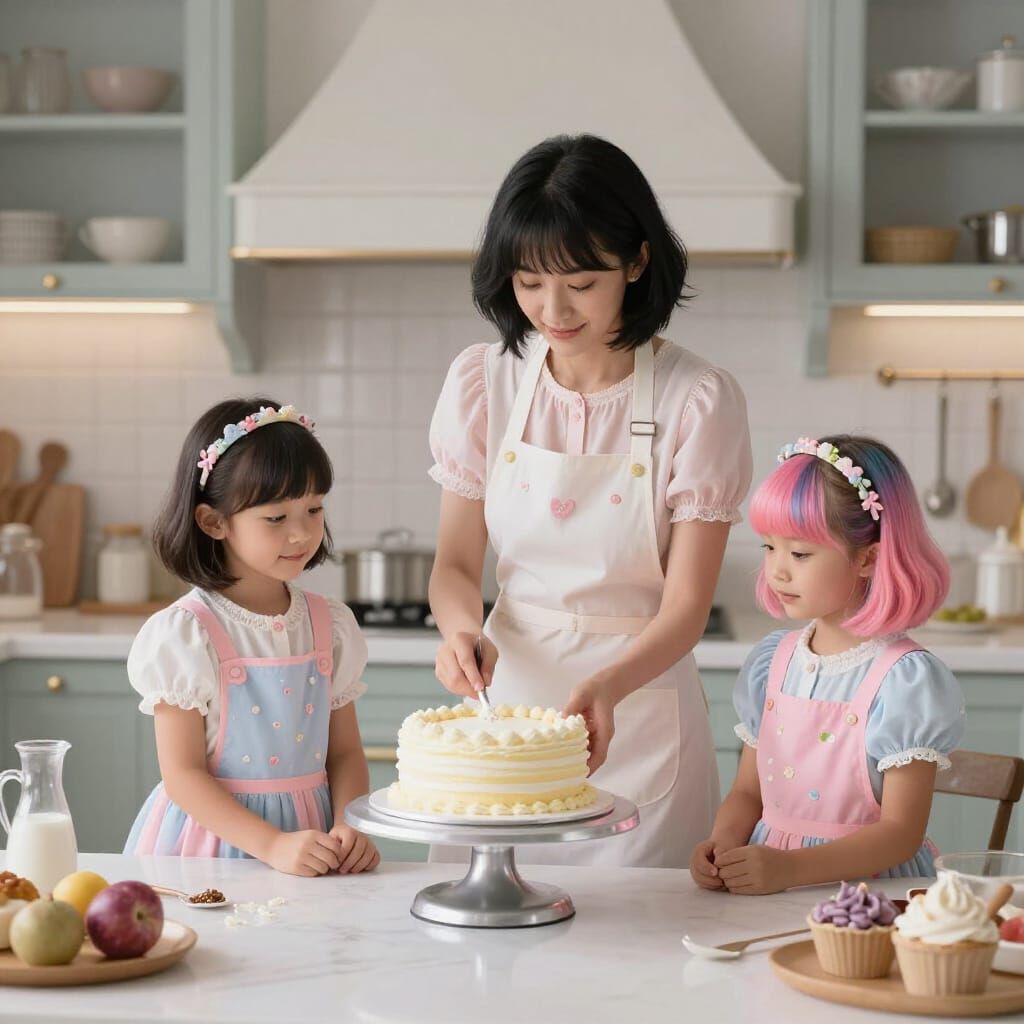Mother and Twins Baking Cake in Luxurious Kitchen