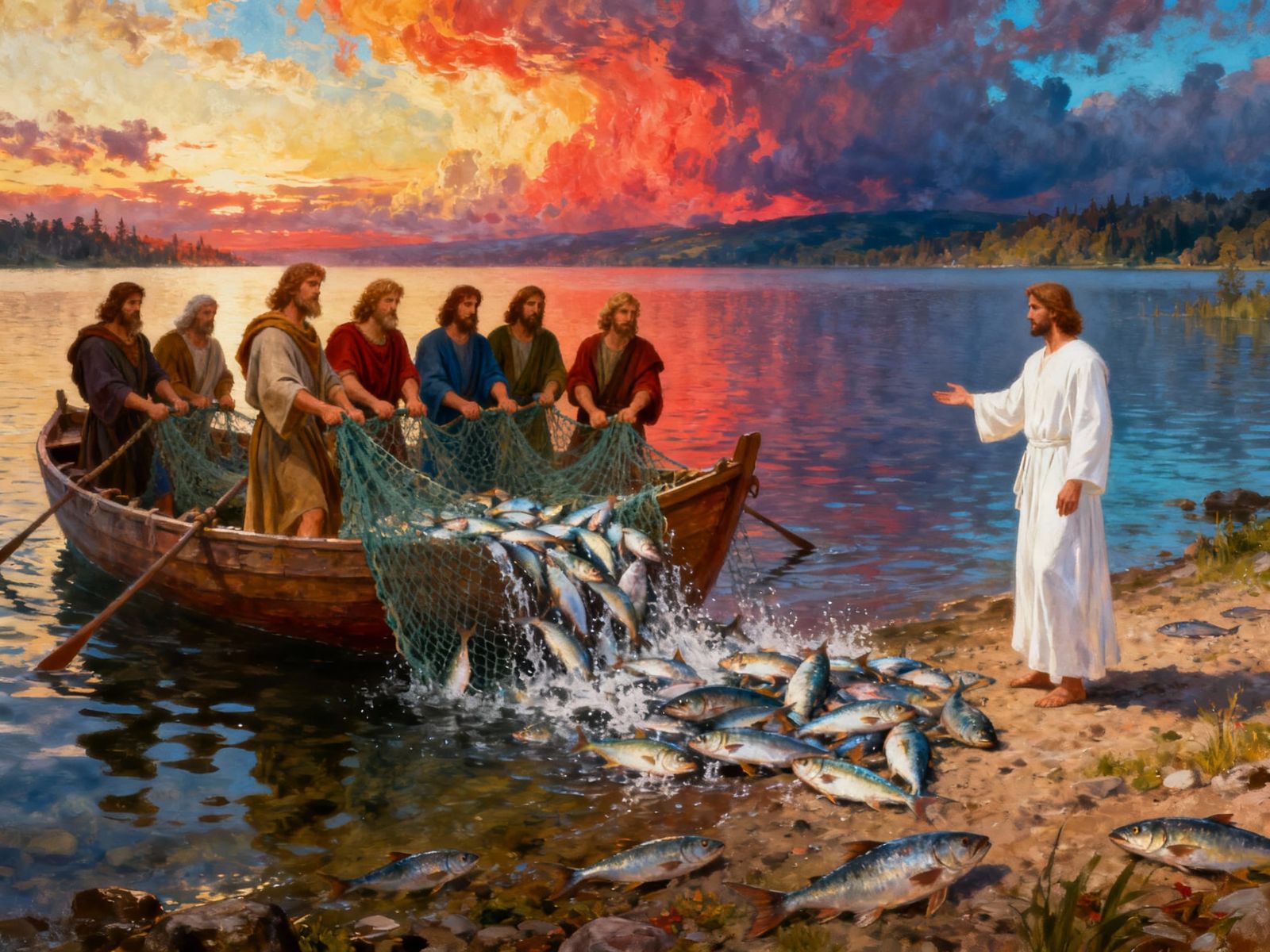 Miraculous Catch of Christ: Apostles Hauling Fish