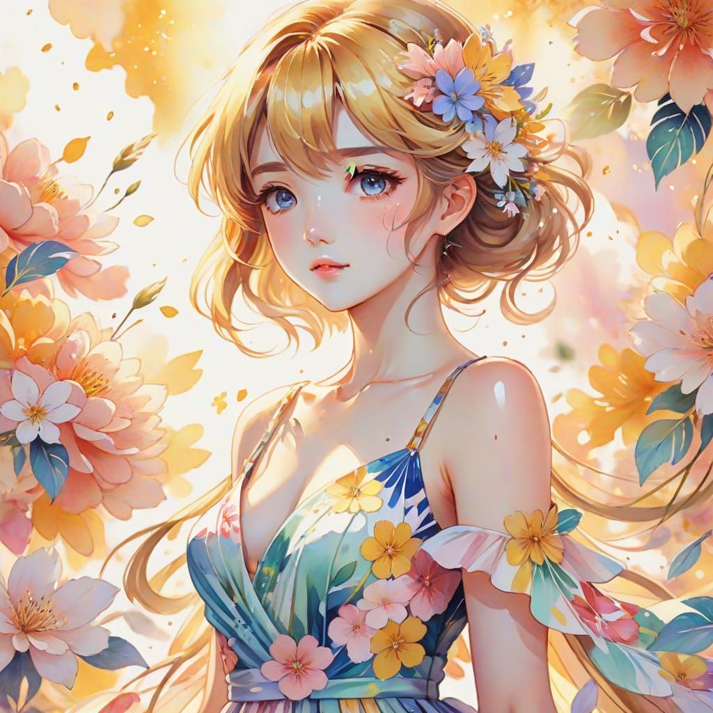 Vibrant Anime Art of a Flower Girl in Watercolor Style
