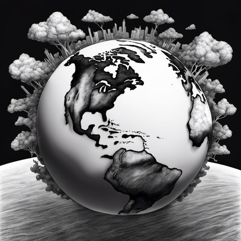 Earth's Environmental Suffering: Black and White Ink Drawing