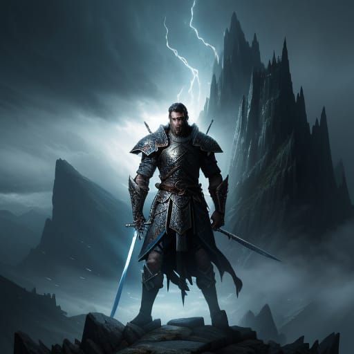 Epic Fantasy Warrior with Glowing Sword on Stormy Mountain