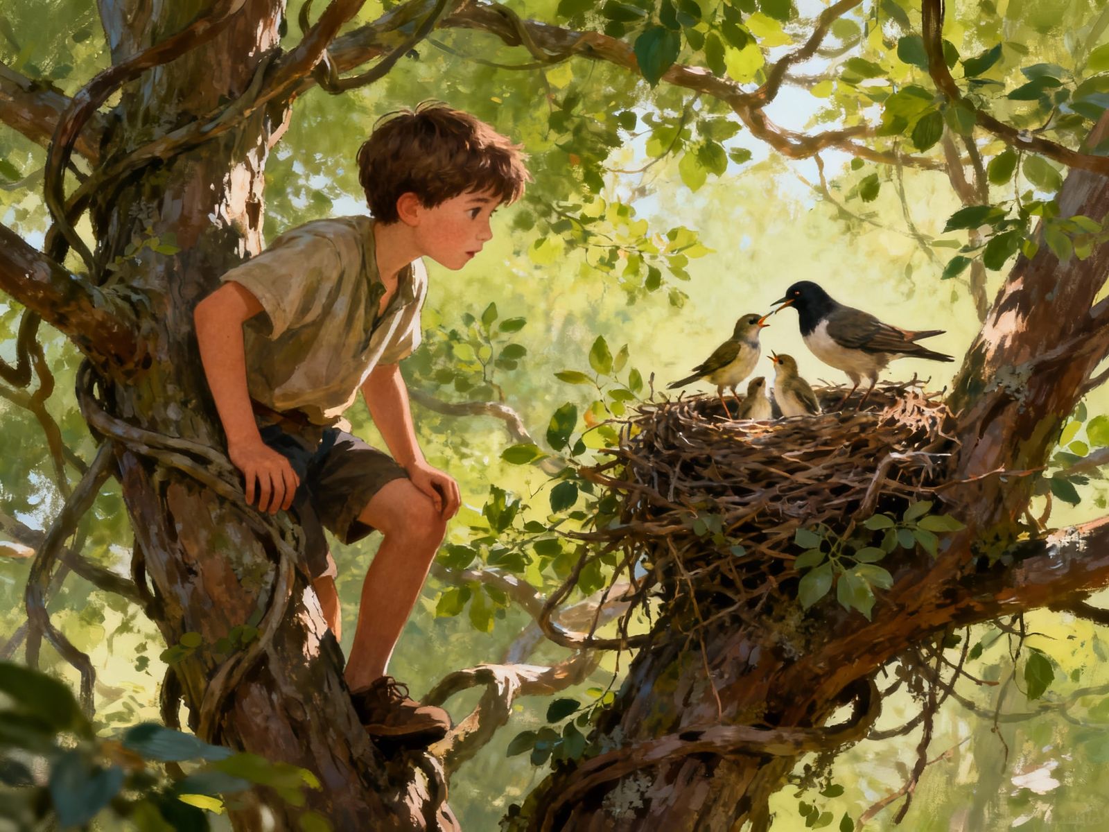 Boy Watches Bird Feeding Young in Nest, Detailed Style
