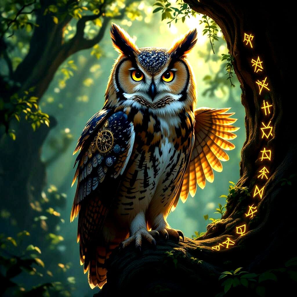 Majestic Owl with Clockwork Wings in Mystical Forest