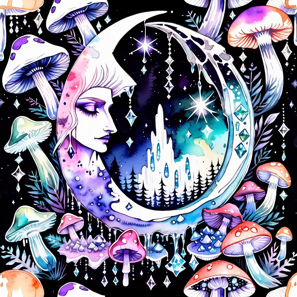 Pastel Goth Crescent Moon with Crystals in Watercolor