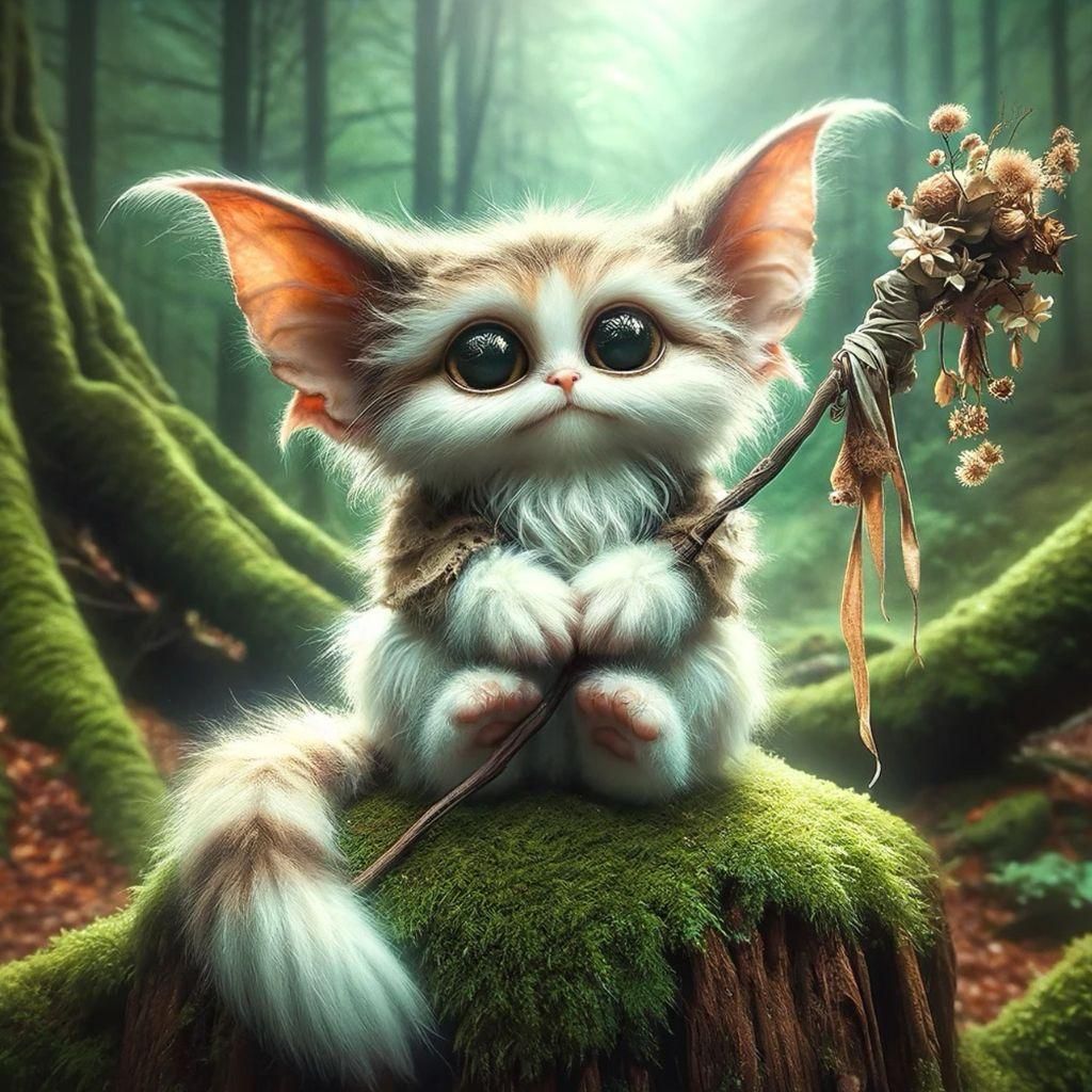 Whimsical Kitten-Gremlin Guardian of Enchanted Forest