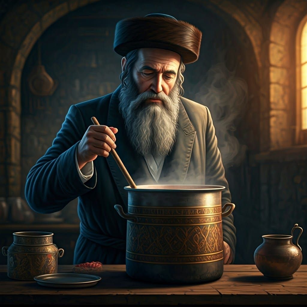 Hasidic Rabbi Stirring Tshulant in Mystical Kitchen